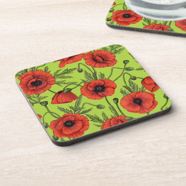 Poppies, red and green on lime green coaster (Left Side)