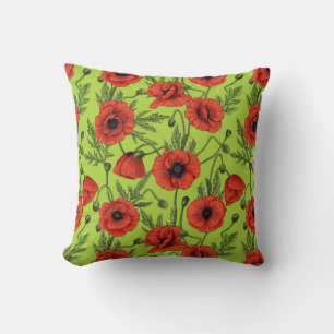 Poppies, red and green on lime green cushion