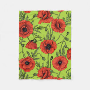 Poppies, red and green on lime green fleece blanket