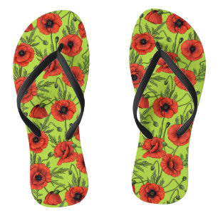 Poppies, red and green on lime green jandals