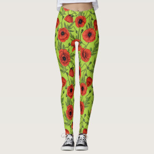 Poppies, red and green on lime green leggings