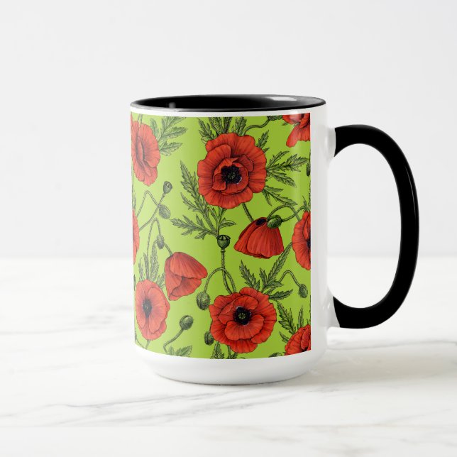 Poppies, red and green on lime green mug (Right)