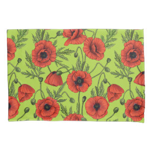 Poppies, red and green on lime green pillowcase