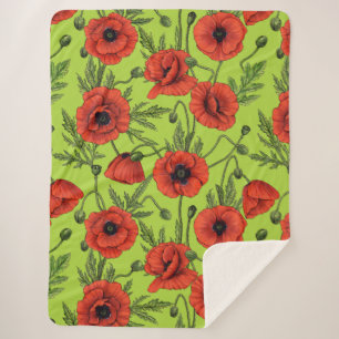 Poppies, red and green on lime green sherpa blanket