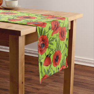 Poppies, red and green on lime green short table runner