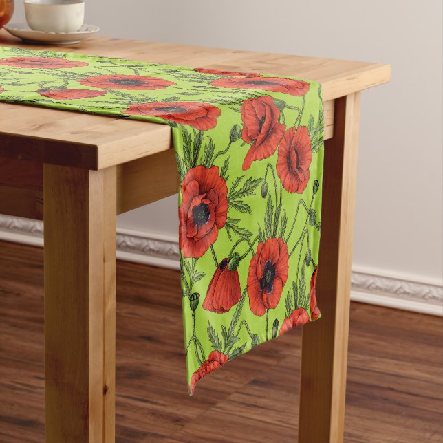 Poppies, red and green on lime green short table runner (In Situ)