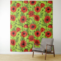 Poppies, red and green on lime green