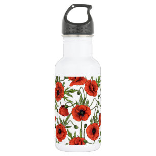 Poppies, red and green on white 532 ml water bottle