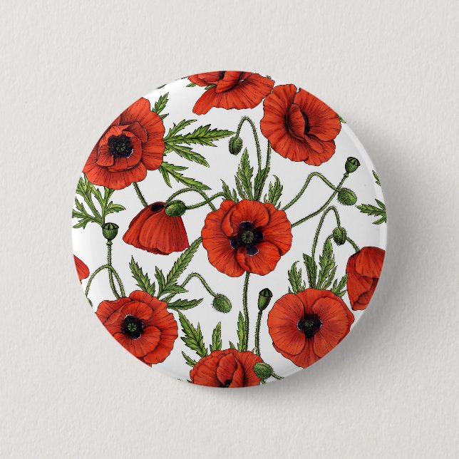 Poppies, red and green on  white 6 cm round badge (Front)