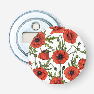 Poppies, red and green on white bottle opener