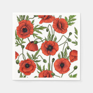 Poppies, red and green on  white napkin