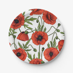 Poppies, red and green on white paper plate