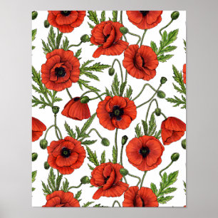 Poppies, red and green on white poster