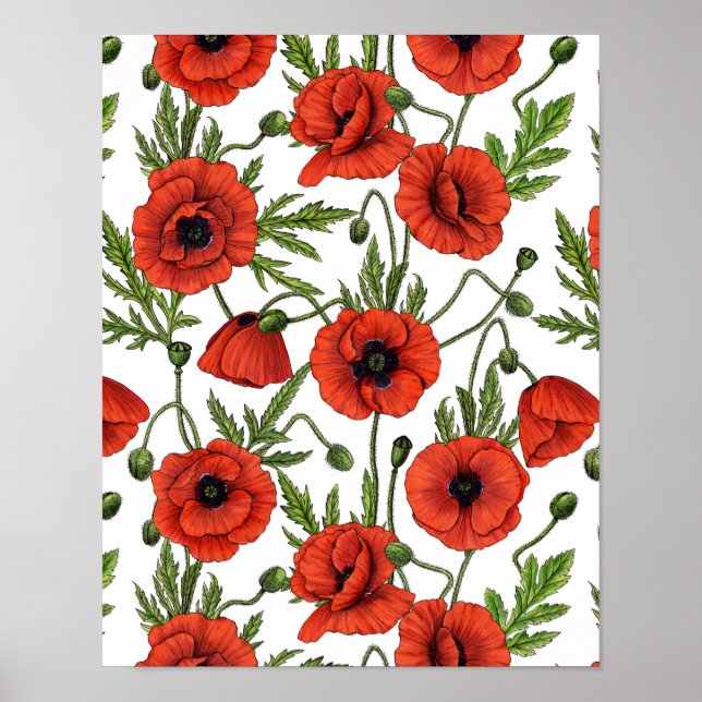 Poppies, red and green on  white poster (Front)