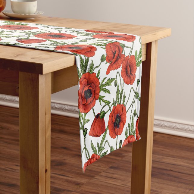 Poppies, red and green on  white short table runner (In Situ)