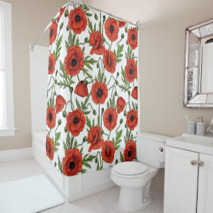 Poppies, red and green on white shower curtain