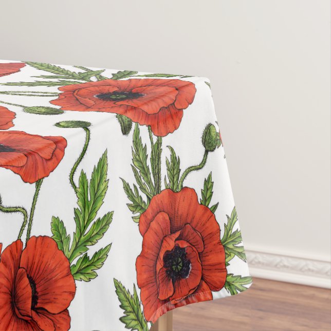 Poppies, red and green on  white tablecloth (In Situ)