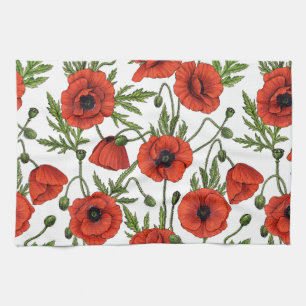 Poppies, red and green on white tea towel