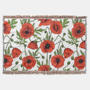 Poppies, red and green on white throw blanket