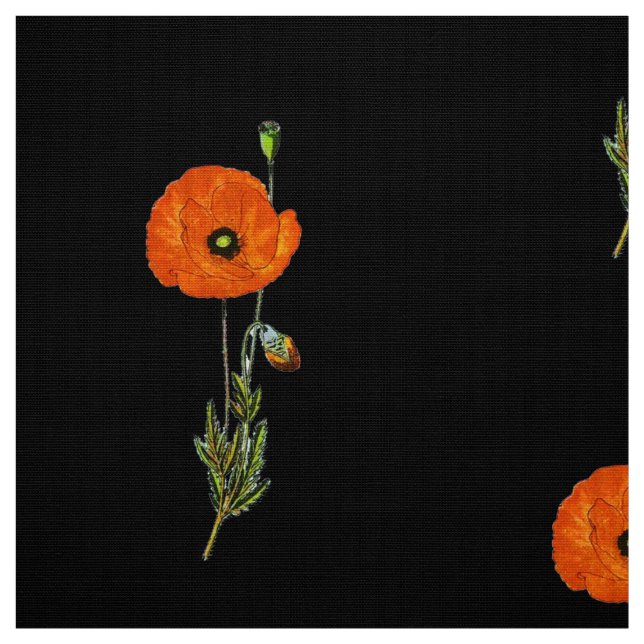 POPPIES, RED BLACK FLORAL FABRIC (Swatch)
