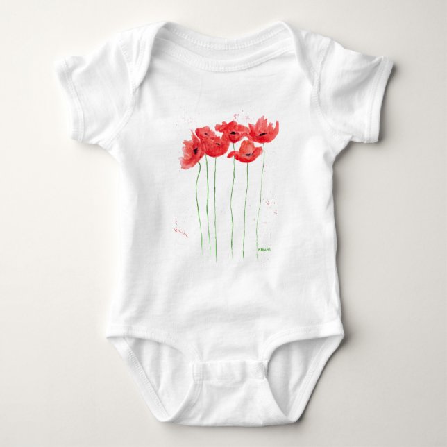 Poppies red floral watercolor summer baby bodysuit (Front)