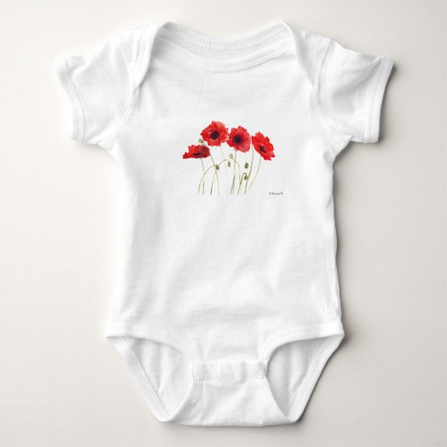 Poppies red floral watercolor summer baby bodysuit (Front)