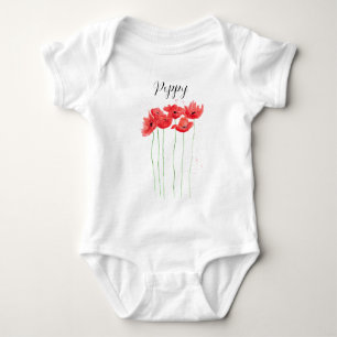 Poppies red floral watercolor summer baby bodysuit