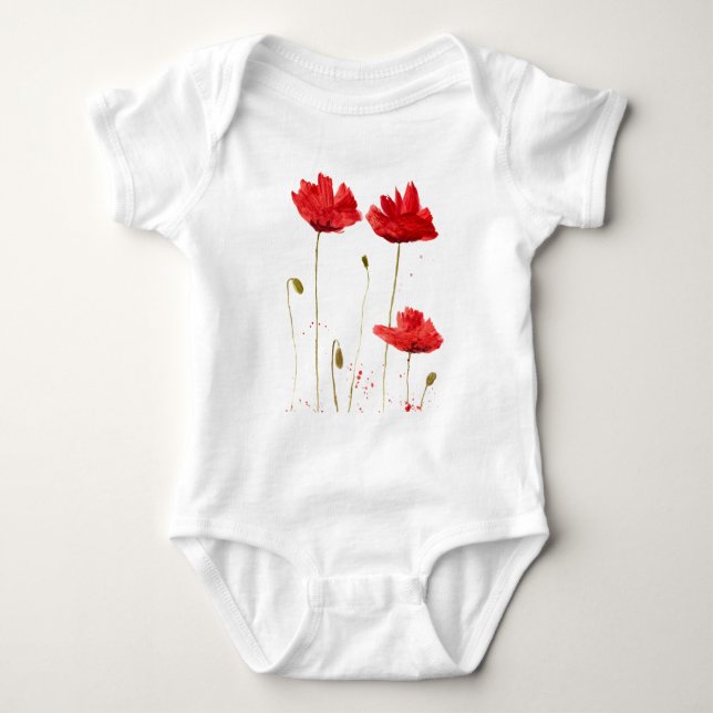 Poppies red floral watercolor summer baby bodysuit (Front)