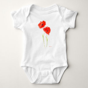 Poppies red floral watercolor summer baby bodysuit