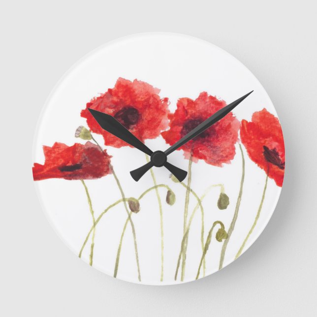 Poppies red flowers Poppy watercolor floral rustic Round Clock (Front)
