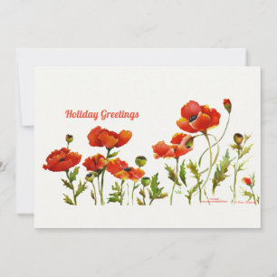 Poppies Red in a Row watercolor white background Holiday Card