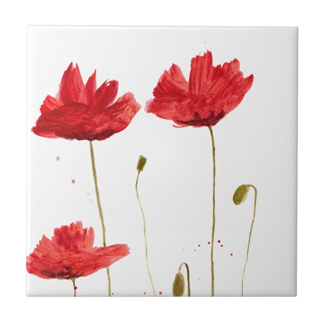 Poppies red poppy watercolor flowers rustic  tile (Front)