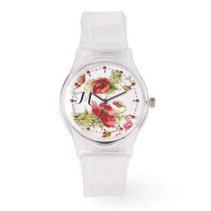 POPPIES Red White Floral Monogram Watch