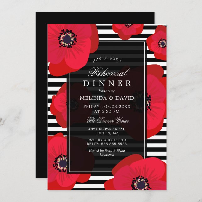 Poppies & Stripes - Black & Red Rehearsal Dinner Invitation (Front/Back)
