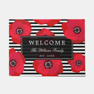 Poppies & Stripes - Family Name - Welcome Doormat