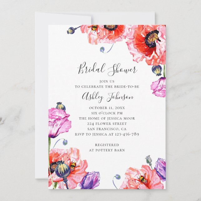 Poppies. Watercolor red floral bridal shower Invitation (Front)