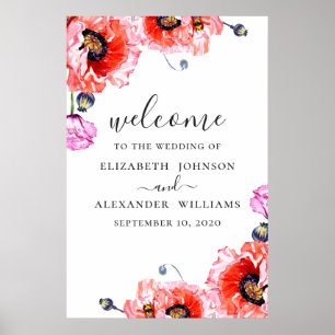 Poppies. Watercolor red floral wedding welcome Poster