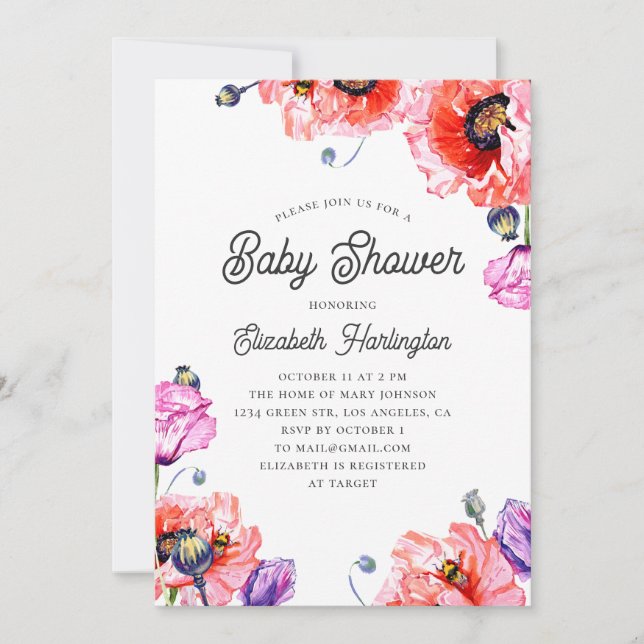 Poppies. Watercolor red flower. Floral baby shower Invitation (Front)