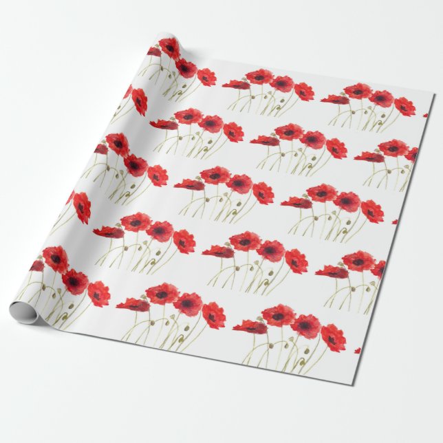 Poppies watercolor red flowers floral wildflowers wrapping paper (Unrolled)