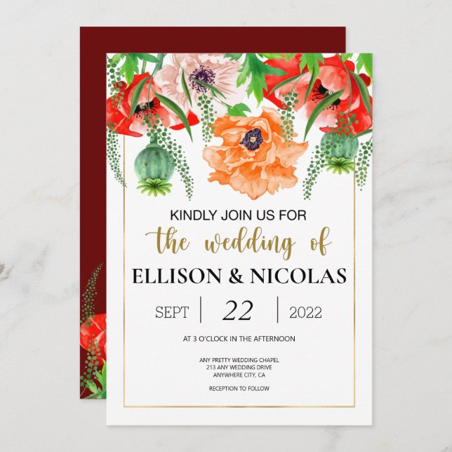 Poppies Watercolor Wedding Invitation (Front/Back)
