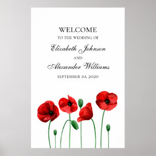 Poppies wedding welcome sign print. Red flowers