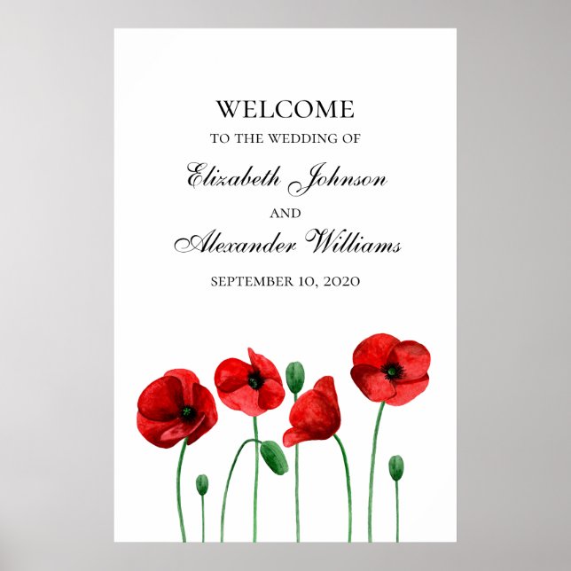 Poppies wedding welcome sign print. Red flowers (Front)