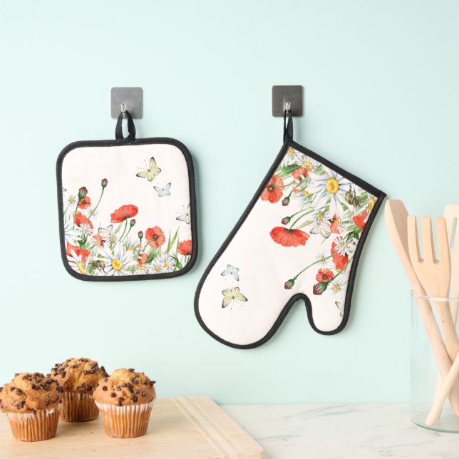 Poppies, Wildflowers, and Butterflies Floral Oven Mitt & Pot Holder Set (Insitu(Hanging))