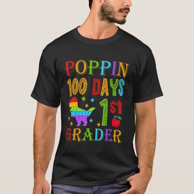 Poppin 100 Days 1st Grader Primary School Dino T-R T-Shirt (Front)