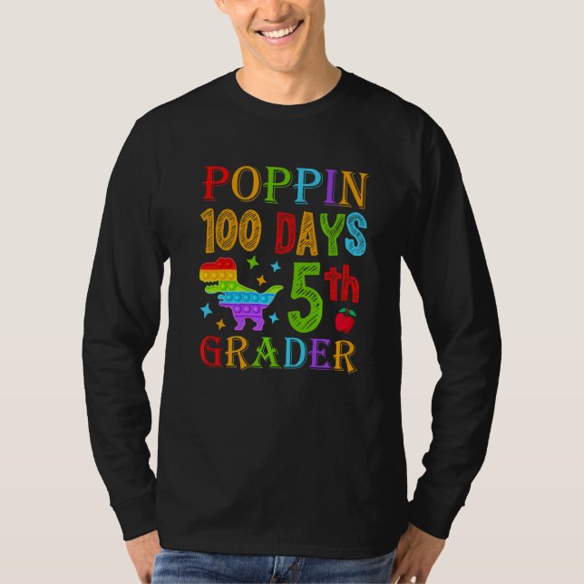 Poppin 100 Days 5th Grader School Dinosaur Kid T-R T-Shirt (Front)