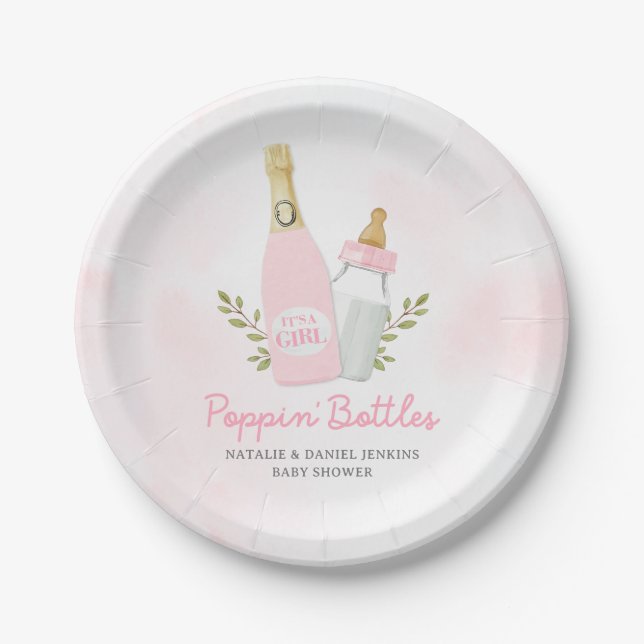 Poppin Bottles Girl Baby Shower Pink Paper Plate (Front)