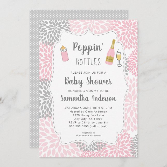 Poppin' Bottles Pink Grey Floral Baby Shower Invitation (Front/Back)