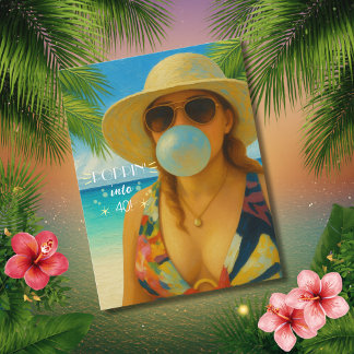 Poppin' Into 40 Tropical Beach Babe Birthday Postcard