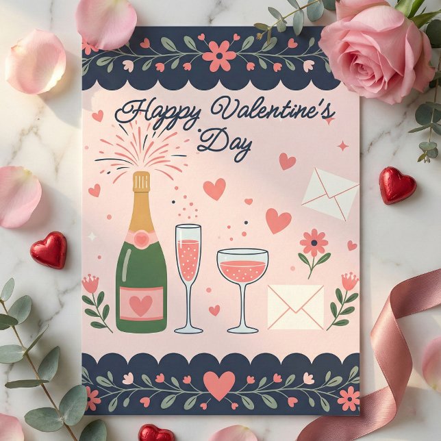 Popping Champagne Bottle & Hearts Valentine's Day Holiday Card (Creator Uploaded)