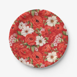 Poppy and chamomile red and white flowers paper plate